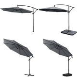 Dark grey cantilever parasol showing open and closed positions with base