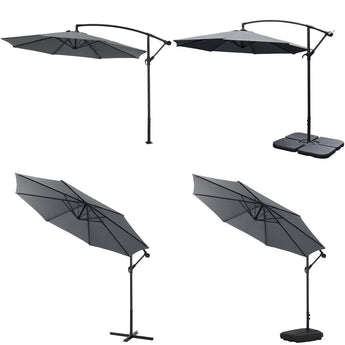 Dark grey cantilever parasol showing open and closed positions with base